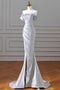 Off The Shoulder Evening Gown With Slit, Sparkly Mermaid Silver Sequin Prom Dress CHP0288