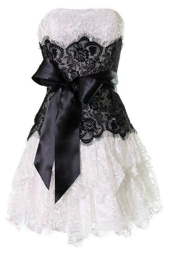 A Line Strapless Lace Short Homecoming Gown with Bow, Pink Cute Hoco Dress CHP0457