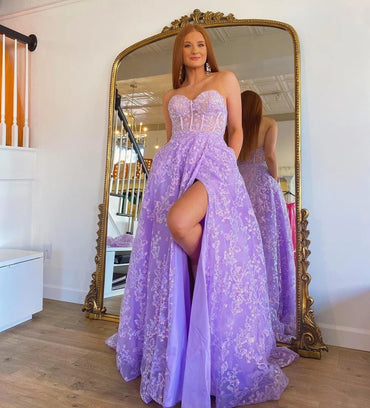 Sweetheart Lilac Long Prom Dresses Embroidered Butterfly Detachable Sleeves Lavender Formal Evening Gown CHP0327