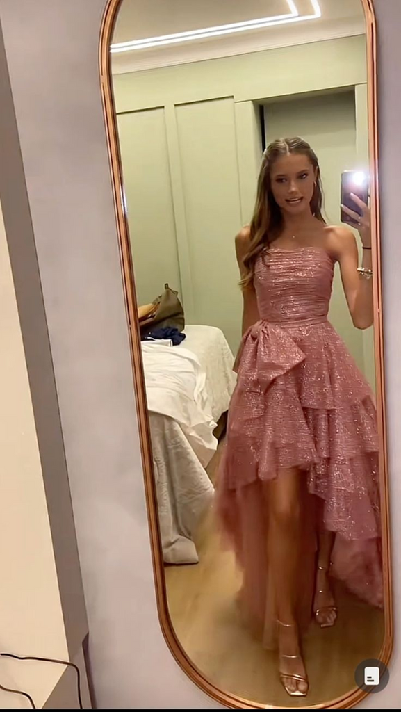 Shiny Strapless High Low Rose Gold Prom Party Dress With Bowknot CHP0434