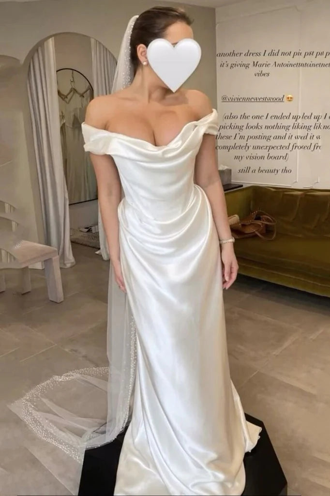 Off The Shoulder Pleated Sheath Long Wedding Gown Simple Bridal Gown CHW0188