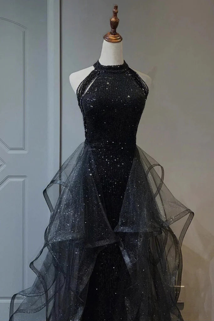 Sparkly Black Sleeveless Sequined Long Prom Dress With Ruffles, Mermaid Evening Gown CHP0331
