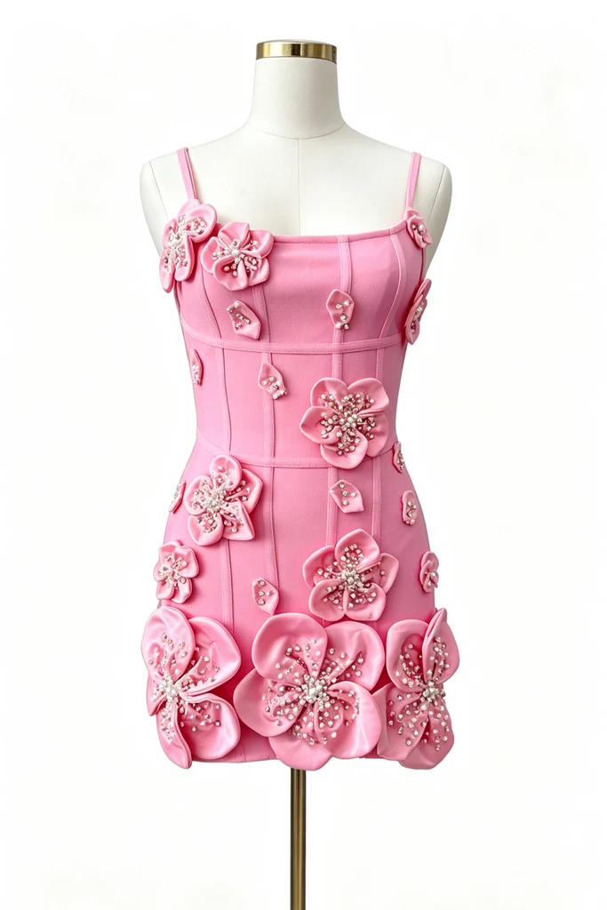 Hot Pink Spaghetti Straps Short Prom Dress with 3D Flowers CHH0199