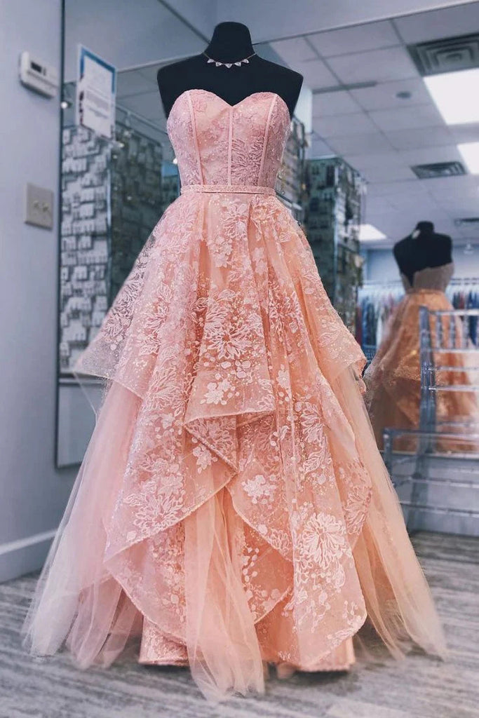Elegant Pink Sweetheart Neck Tulle Lace Long Prom Dress, Evening Dress CHP0304