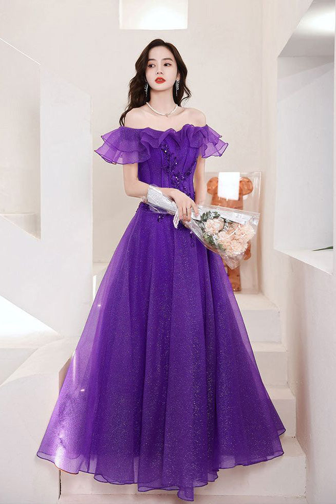 Off The Shoulder Purple Tulle Prom Dress, A line Evening Dress With Applique CHP0255