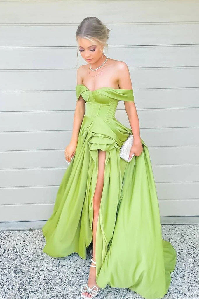 Simple Clover A-Line Satin Off the Shoulder Evening Dresses Long Prom Dresses CHP0263