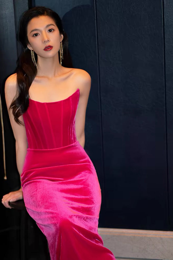 Hot Pink Velvet Long Party Prom Dresses With Slit, Strapless Evening Dresses CHP0341