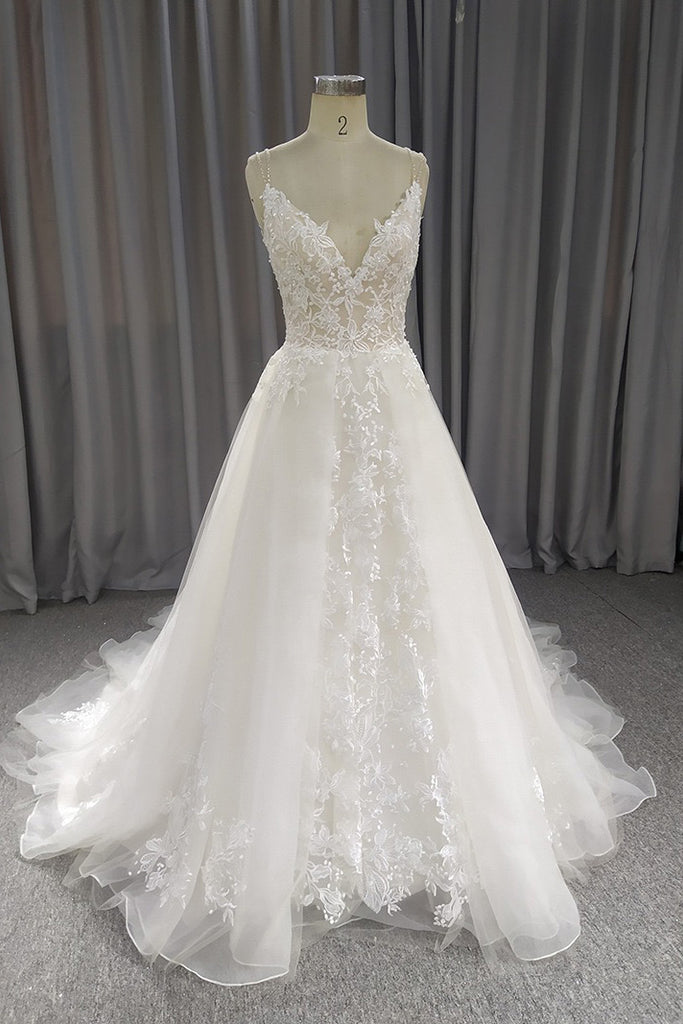 A Line Spaghetti Straps Wedding Dress With Applique, Simple V Neck Bri cherishgirls A Line Spaghetti Straps Wedding Dress With Applique, Simple V Neck Bri cherishgirls