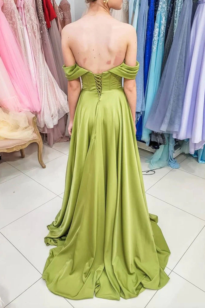 Simple Clover A-Line Satin Off the Shoulder Evening Dresses Long Prom Dresses CHP0263