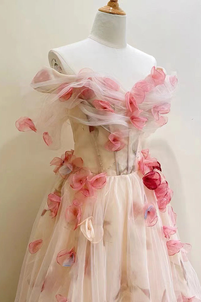 A-Line Off-the-Shoulder 3D flowers Long Prom Dress, Strapless Formal Dress CHP0354
