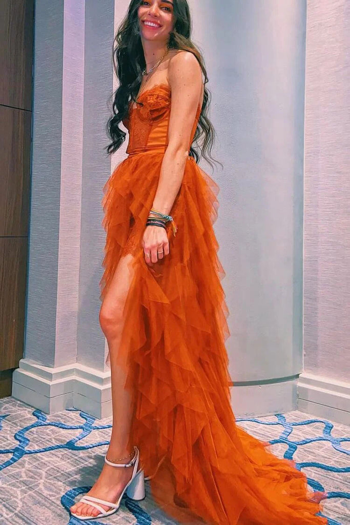 Orange Sweetheart Long Prom Dresses with Lace, Tiered Tulle Evening Dress With Slit CHP0258