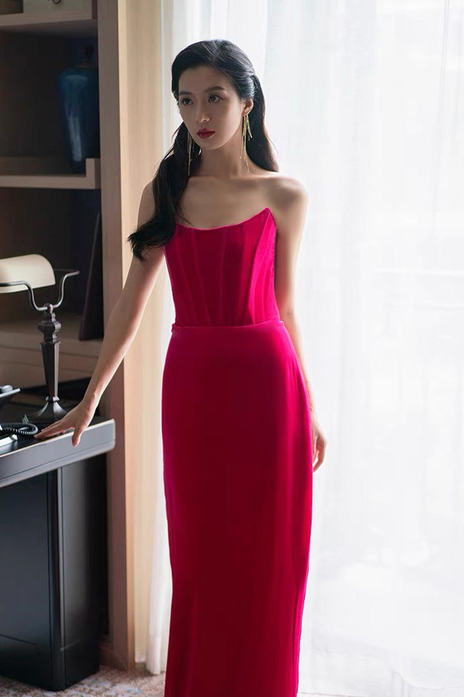 Hot Pink Velvet Long Party Prom Dresses With Slit, Strapless Evening Dresses CHP0341