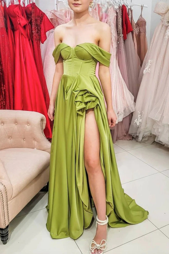 Simple Clover A-Line Satin Off the Shoulder Evening Dresses Long Prom Dresses CHP0263