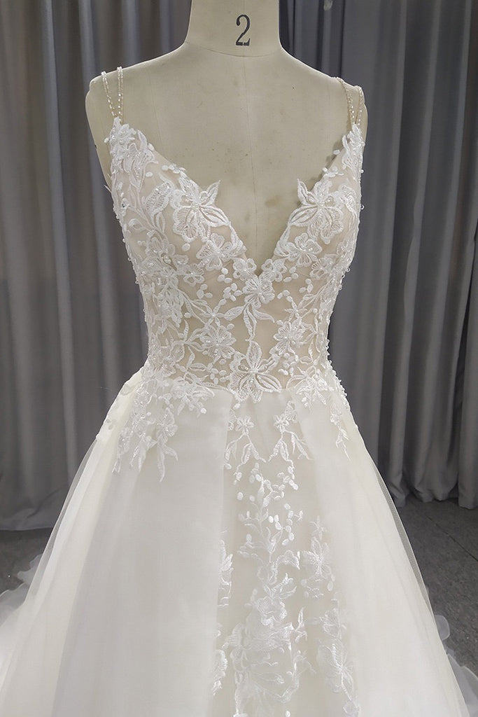 A Line Spaghetti Straps Wedding Dress With Applique, Simple V Neck Bridal Gown CHW0177