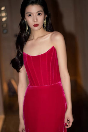 Hot Pink Velvet Long Party Prom Dresses With Slit, Strapless Evening Dresses CHP0341