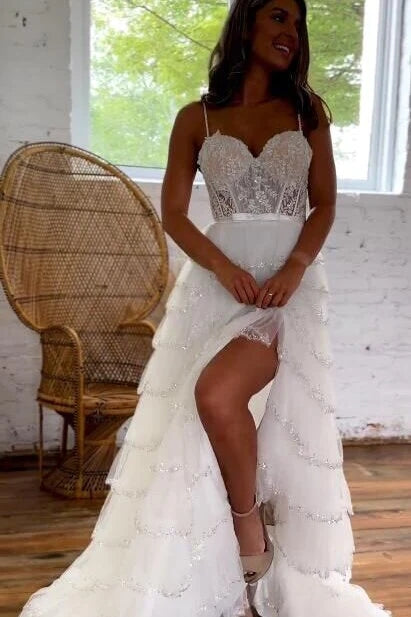Spaghetti Straps Ivory Layered Tulle Prom Dress With Slit, Beach Weddi cherishgirls Spaghetti Straps Ivory Layered Tulle Prom Dress With Slit, Beach Weddi cherishgirls
