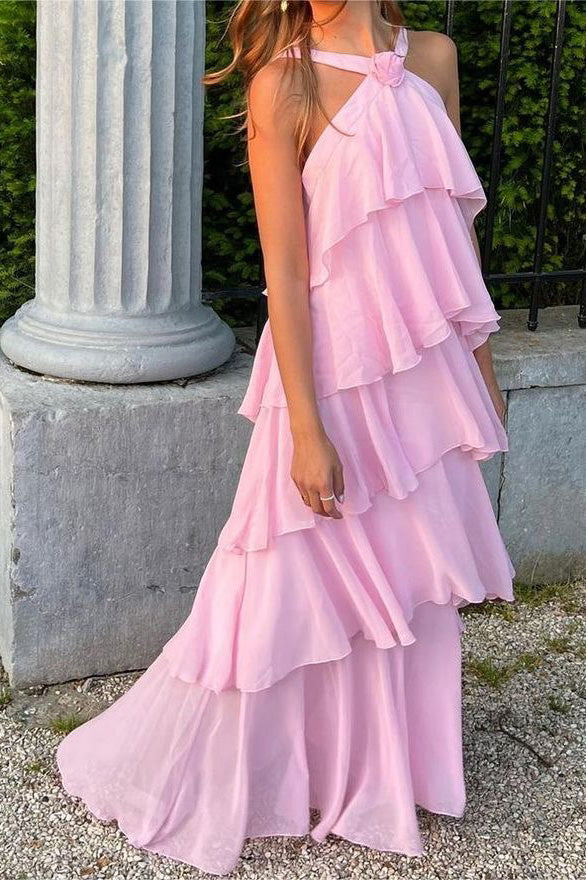 Halter Pink Chiffon Floor Length Prom Dress With Layers ,Formal Gown C cherishgirls Halter Pink Chiffon Floor Length Prom Dress With Layers ,Formal Gown C cherishgirls