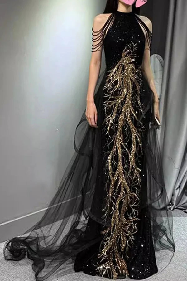 Black Sleeveless Sequined Long Prom Dress With Ruffles, Mermaid Party Gown CHP0344