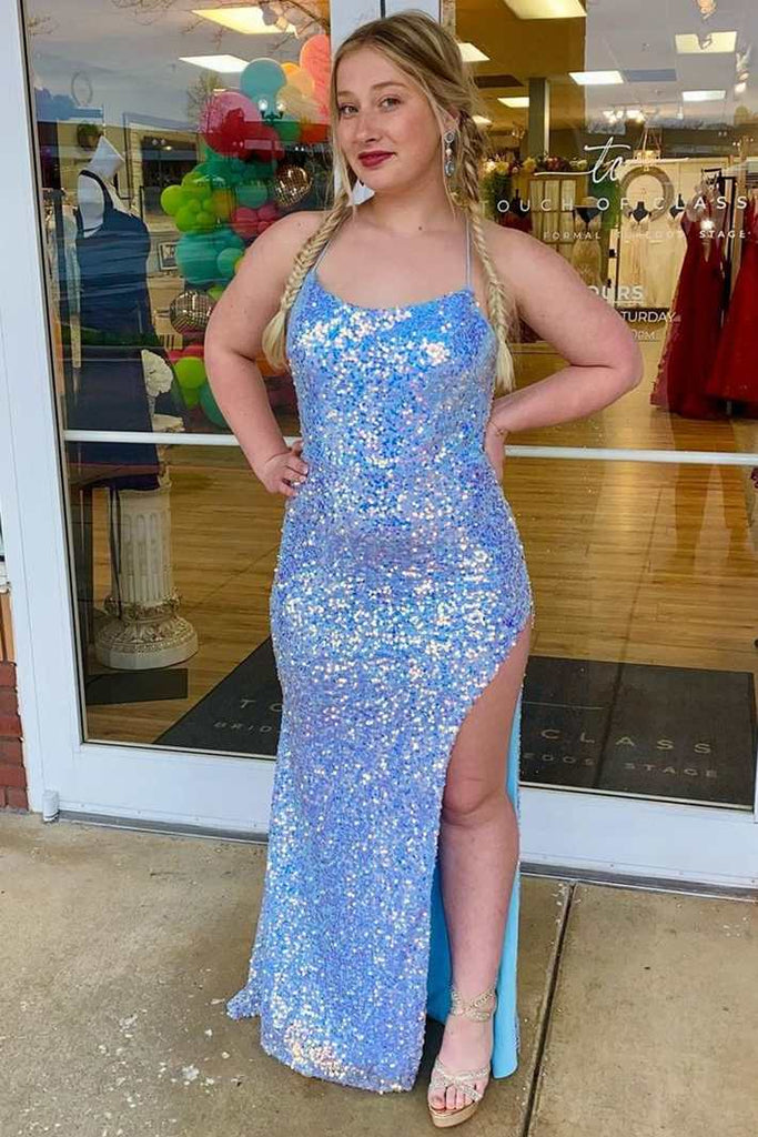 Backless Blue Sequins Mermaid Long Prom Dresses, Sparkly Formal Dress with Slit CHP0280