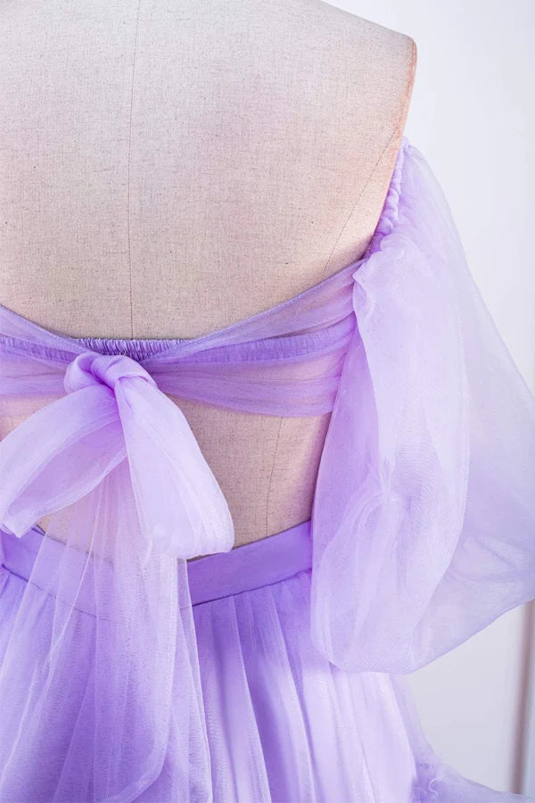 Two Piece Lavender Off the Shoulder Ruffles Prom Dress with Slit, Even cherishgirls Two Piece Lavender Off the Shoulder Ruffles Prom Dress with Slit, Even cherishgirls