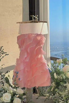 Spaghetti Straps Chiffon Short Prom Dress, Homecoming Dress With Ruffles chh0158