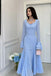 Blue Chiffon Long Sleeves Prom Dress With Ruffles, Long Evening Dresses CHP0428