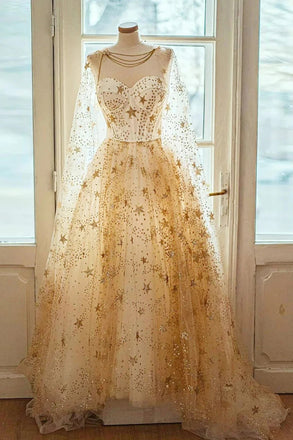 Sparkly A-Line Tulle Long Prom Dress With Star, Unique Eveing Gown CHP0294