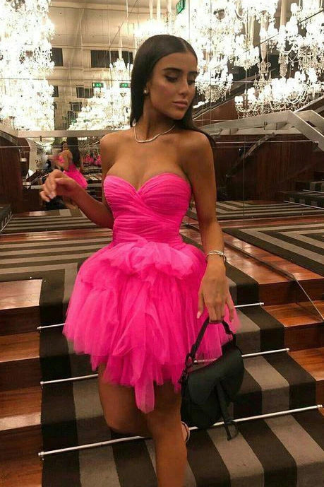 Hot Pink Sweetheart Tulle Homecoming Dress, Short Graduation Dresses chh0160