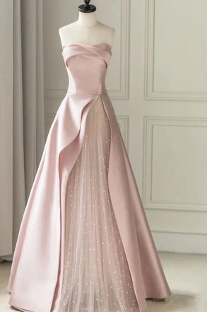 Gorgeous A-Line Pink Satin Strapless Long Prom Dress, Formal Dress With Tulle CHP0283