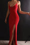 Red Spandex Sheath V Neck Spaghetti Straps Long Prom Dresses CHP0251