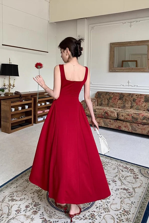 Burgundy Ankle Length Square Neck Sleeveless Stretch Satin Prom Dress cherishgirls Burgundy Ankle Length Square Neck Sleeveless Stretch Satin Prom Dress cherishgirls