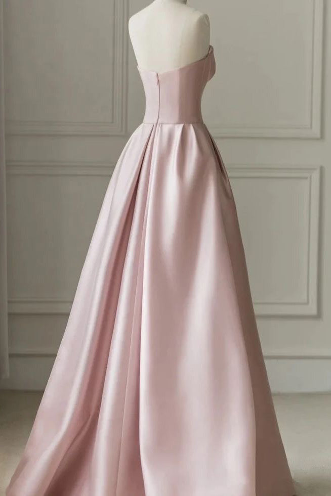 Gorgeous A-Line Pink Satin Strapless Long Prom Dress, Formal Dress With Tulle CHP0283