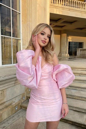 Sheath Pink Sweetheart Mini Homecoming Dress With Lantern Sleeves, Short Graduation Dresses chh0161