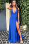 Simple A Line Deep V Neck Royal Blue Long Prom Dress with Split CHP0312