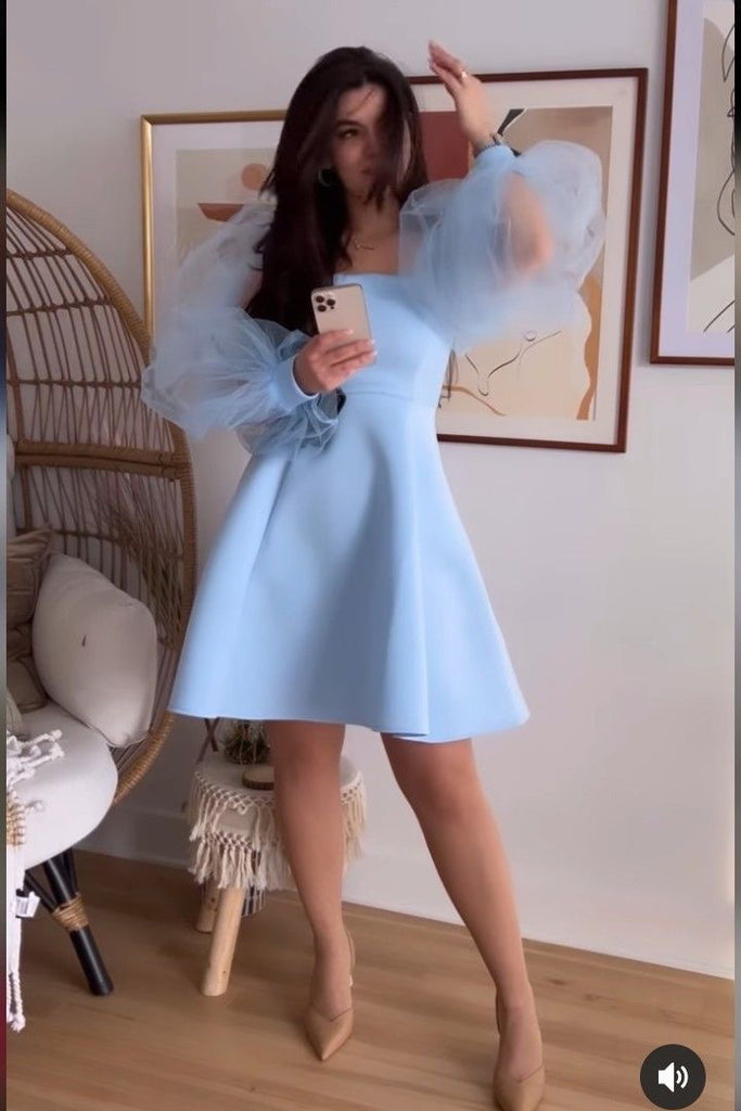 Light Blue Satin Mini Dress, Square Puffy Sleeves A-line Short Homecom