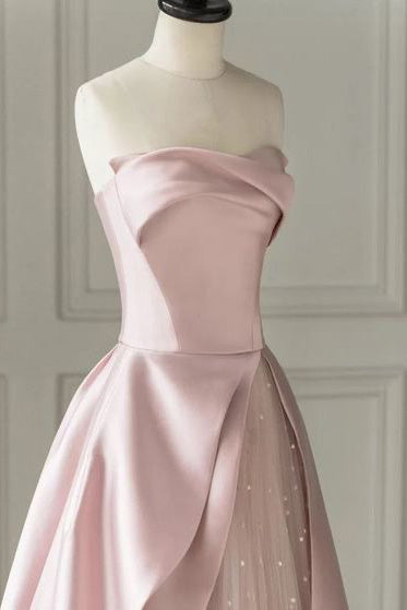 Gorgeous A-Line Pink Satin Strapless Long Prom Dress, Formal Dress With Tulle CHP0283