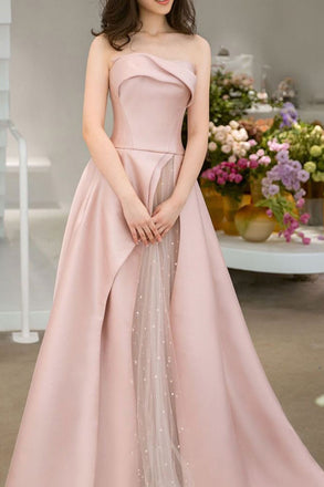 Gorgeous A-Line Pink Satin Strapless Long Prom Dress, Formal Dress With Tulle CHP0283