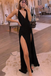 Simple Black V Neck Slit Long Prom Dresses, Formal Evening Dresses CHP0285