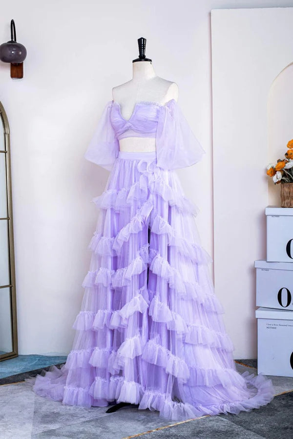 Two Piece Lavender Off the Shoulder Ruffles Prom Dress with Slit, Evening Gown CHP0310