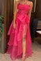 Hot Pink Strapless Organza Long Prom Dress, Tiered Evening Formal Gown With Bowknot CHP0342