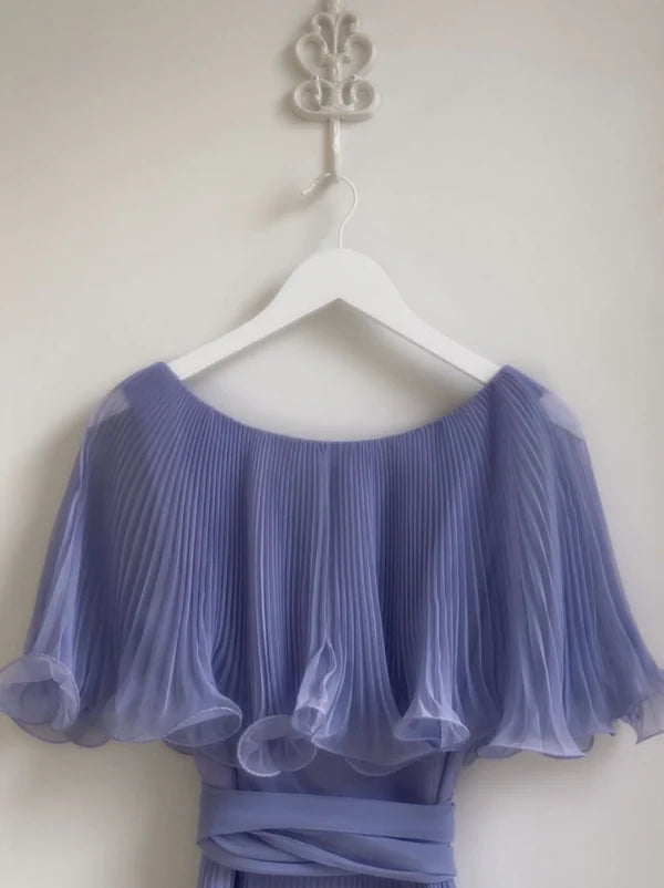 A Line Blue Pleated Chiffon Long Evening Dress, Party Dresses with Ruffles CHP0436
