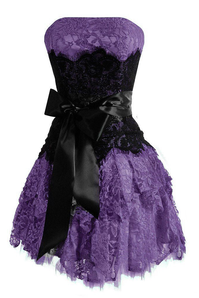 A Line Strapless Lace Short Homecoming Gown with Bow, Pink Cute Hoco Dress CHP0457
