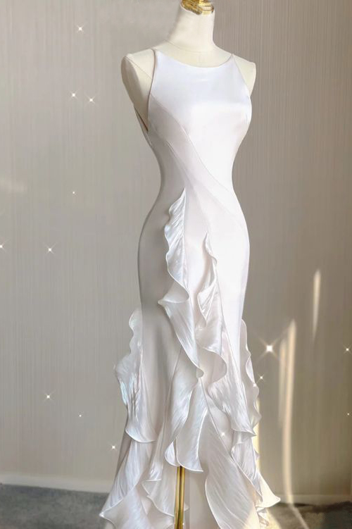 Simple Chiffon Sheath V Back Wedding Dress,Bridal Dresses With Ruffles CHW0166