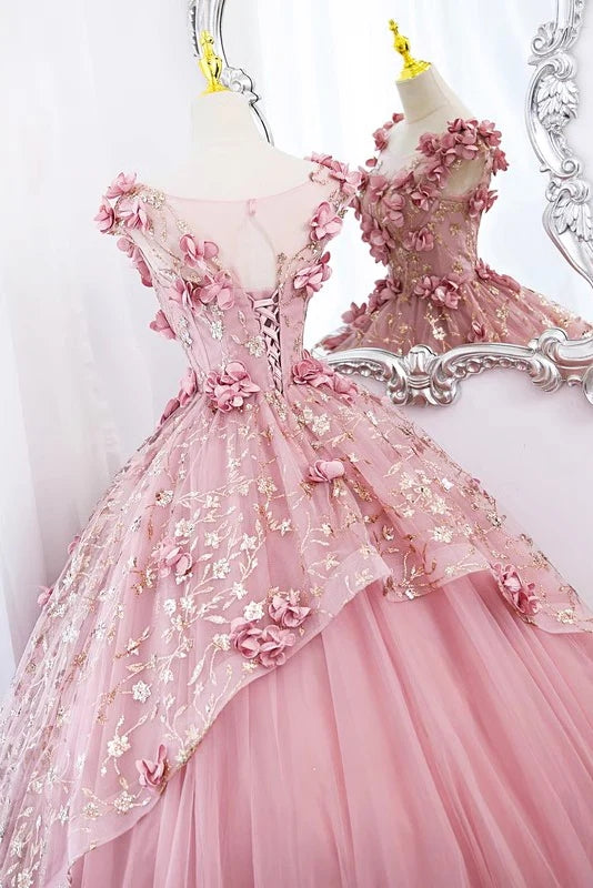 Princess Pink Tulle Long Quinceanera Dress, Puffy Prom Gown With Flowers CHP0291