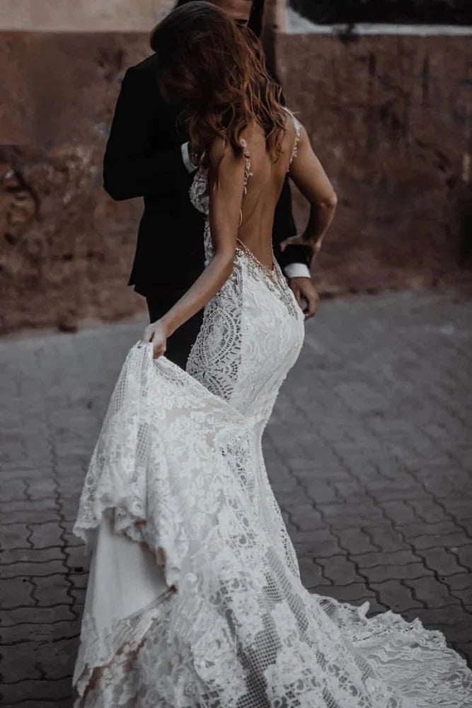 Backless Mermaid Sheer Neck Sleeveless Lace Wedding Dress, Bridal Gown CHW0182 Backless Mermaid Sheer Neck Sleeveless Lace Wedding Dress, Bridal Gown CHW0182