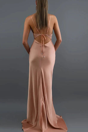 Simple Blush Mermaid Open Back V Neck Spaghetti Straps Long Prom Dresses CHP0257