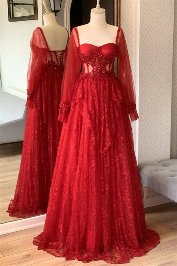 Gorgeous A line Lace Long Sleeves Prom Dresses, Formal Evening Dresses CHP0276