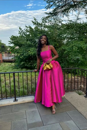 Fuchsia Spaghetti Straps A-Line Satin Long Formal Party Dress CHP0425