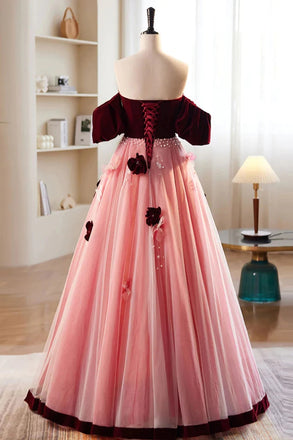 Off-the-Shoulder Tulle Velvet Long Prom Dress, Sweet Burgundy Formal Dress With Flowers CHP0293