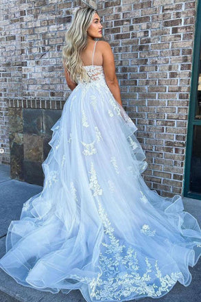 A-line Spaghetti Straps V-neck Beach Wedding Dress With Lace Appliques CHW0173